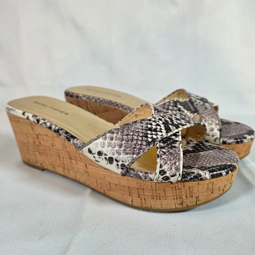 Marc‎ Fisher Womens 8 Snakeskin Print Cork Wedge Platform Slip-On Sandals